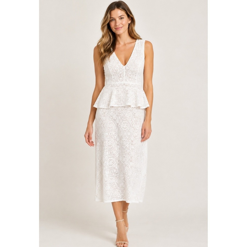 BCBGMAXAZRIA Juliene White Eyelet Peplum Sheath Dress SUH62E74-100 Large